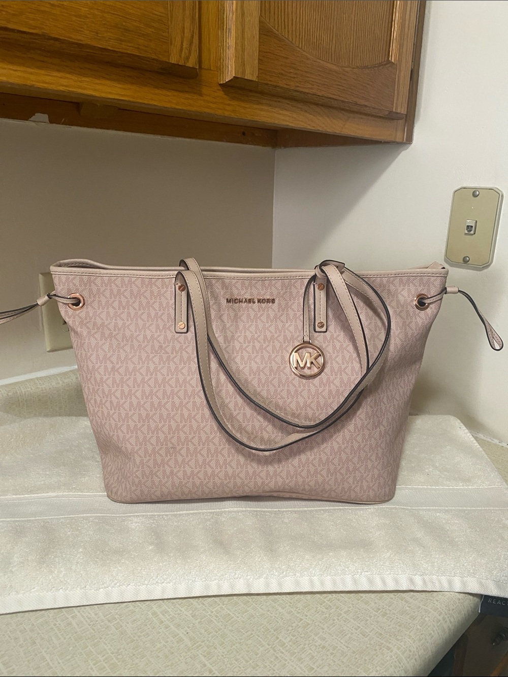 Michael Kors Pink Logo-Print Tote with Gold MK Charm
